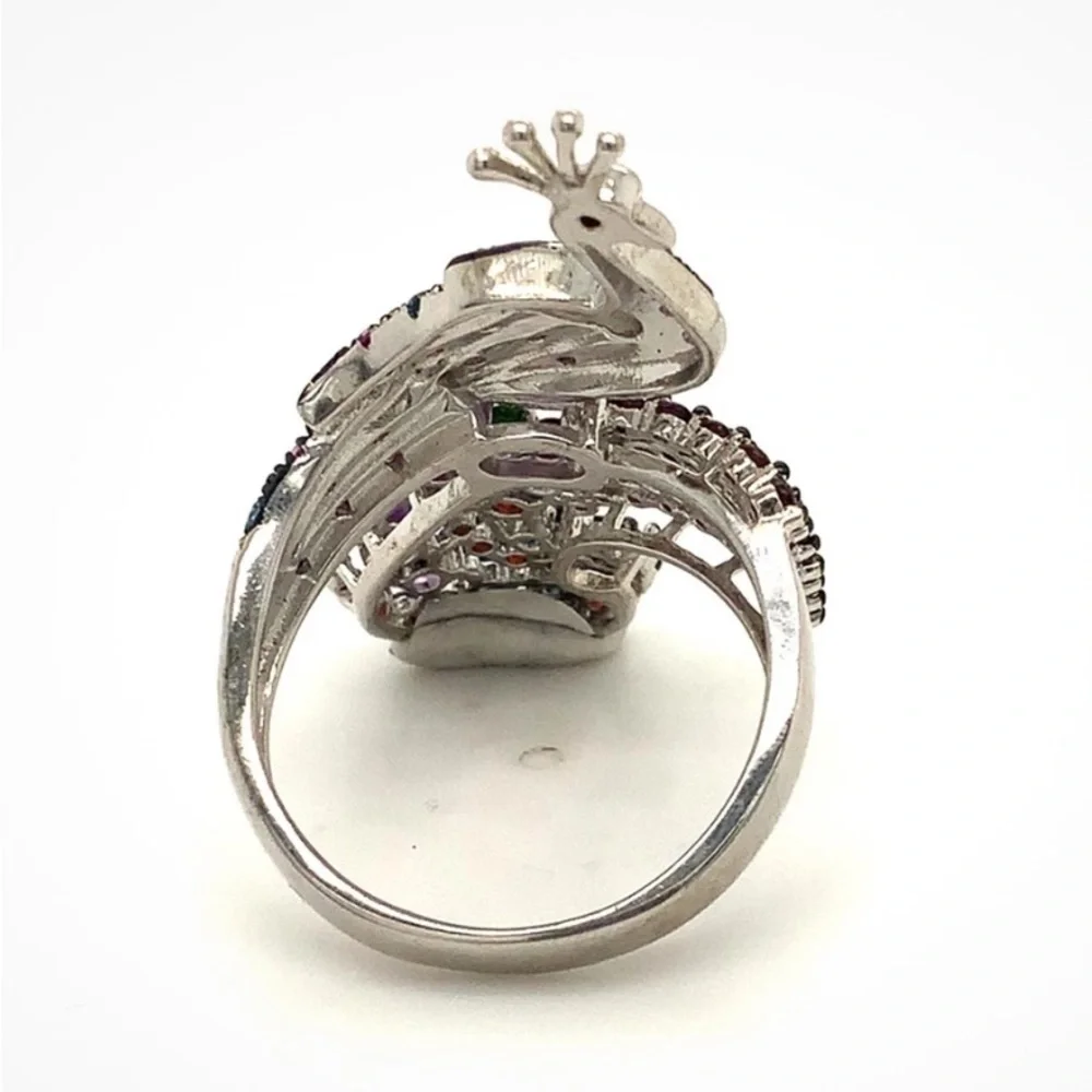 Sterling Silver Peacock Statement Ring Amethyst & Multi Gemstones in Sz 7 💚🦚🩵💍💜